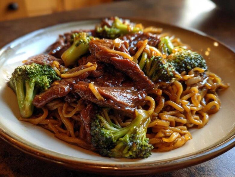 Close-up of savory One-Pot Beef and Broccoli Ramen Noodles coated in a rich brown sauce on a plate.