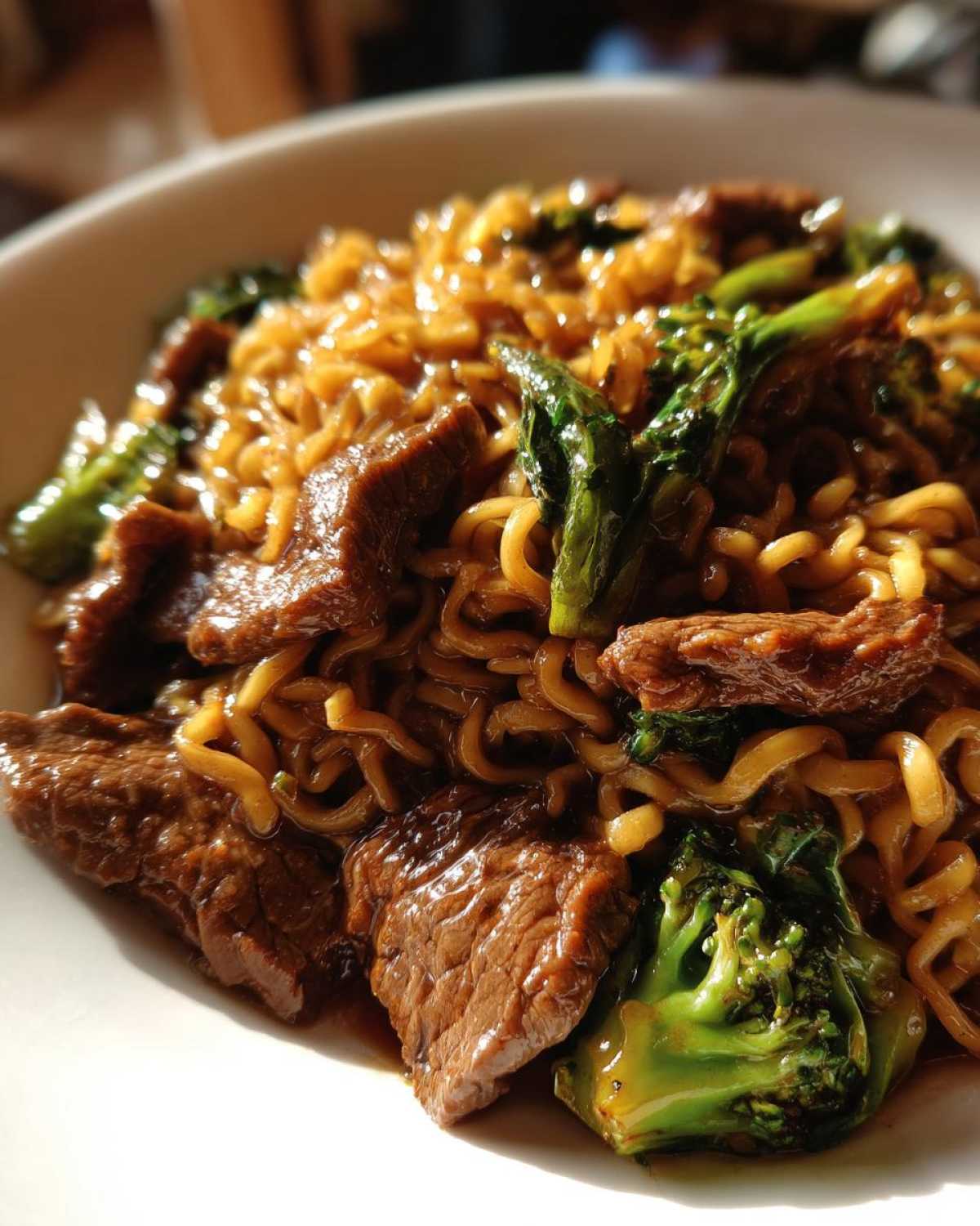 Close-up of glossy ramen noodles mixed with slices of beef and bright green broccoli florets in a savory sauce.