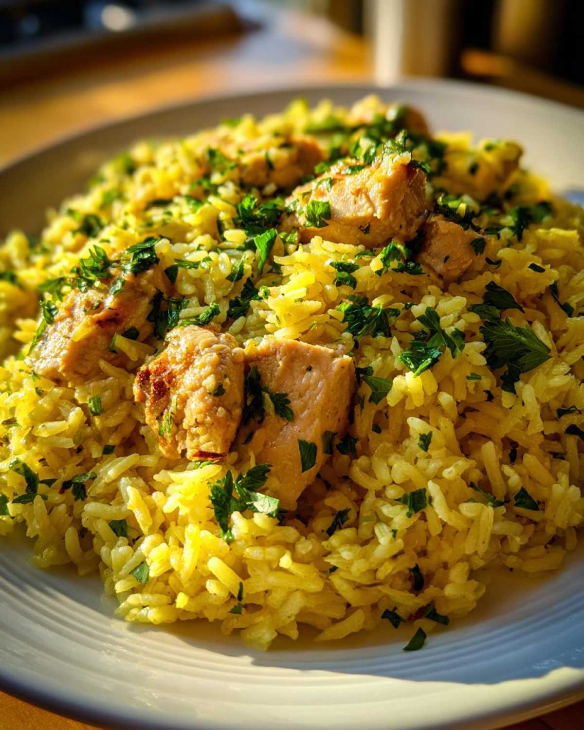 Close-up of bright yellow One-Pot Chicken and Rice with Lemon and Herbs, topped with fresh parsley.