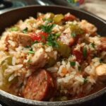 A close-up view of steaming One-Pot Chicken Jambalaya featuring rice, chicken chunks, sausage slices, and green peppers.