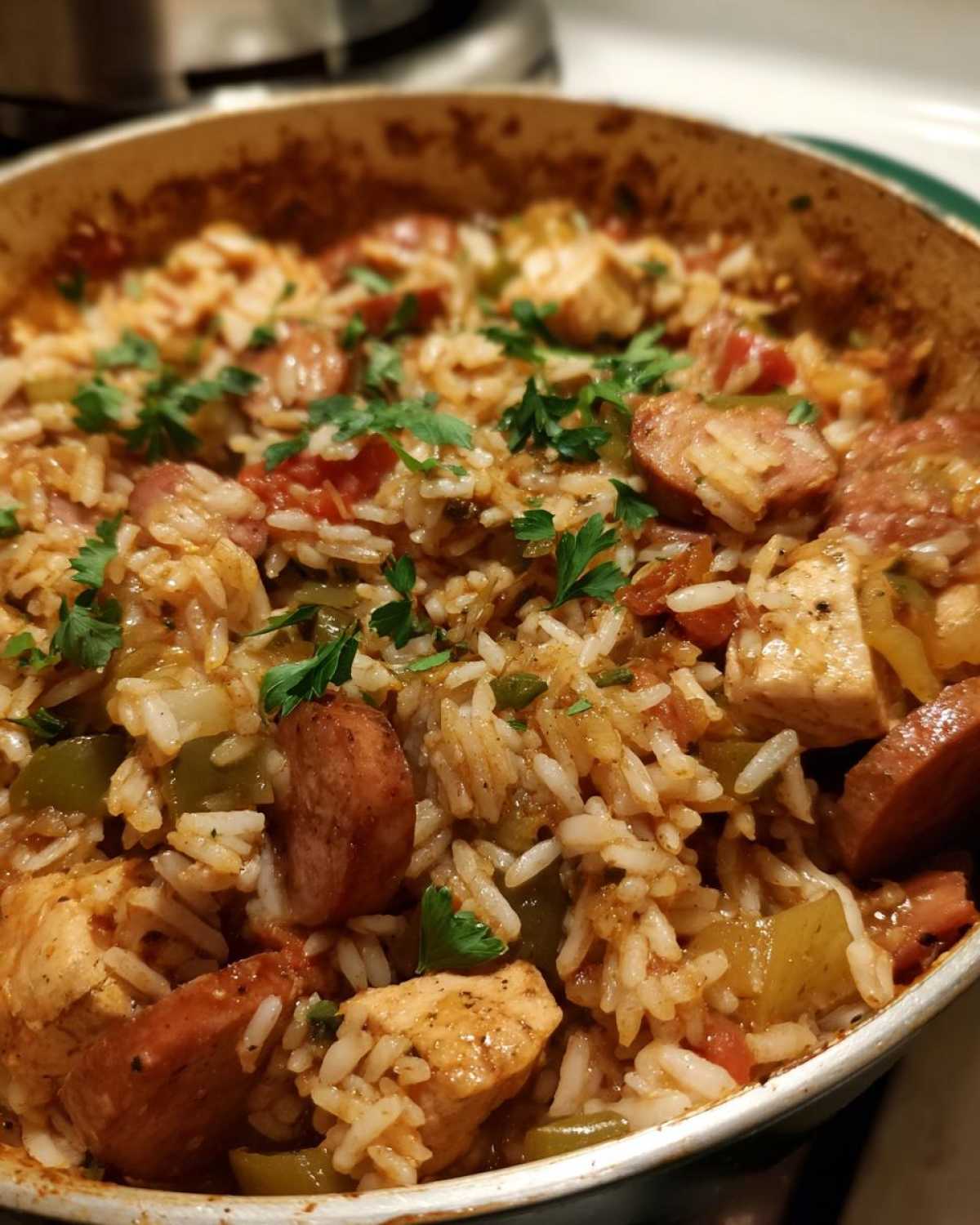 A close-up view of hearty One-Pot Chicken Jambalaya featuring rice, chicken chunks, sliced sausage, and green peppers, garnished with parsley.