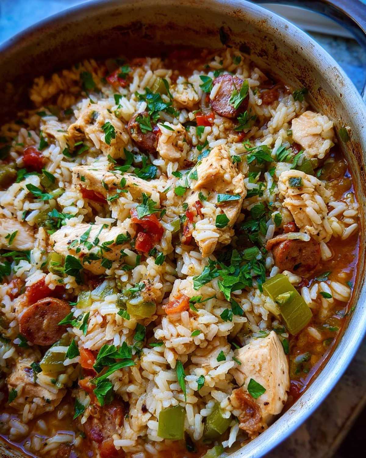 A close-up view of flavorful One-Pot Chicken Jambalaya featuring rice, chicken chunks, sausage slices, and green peppers.