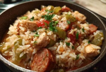 A close-up view of steaming One-Pot Chicken Jambalaya featuring rice, chicken chunks, sausage slices, and green peppers.