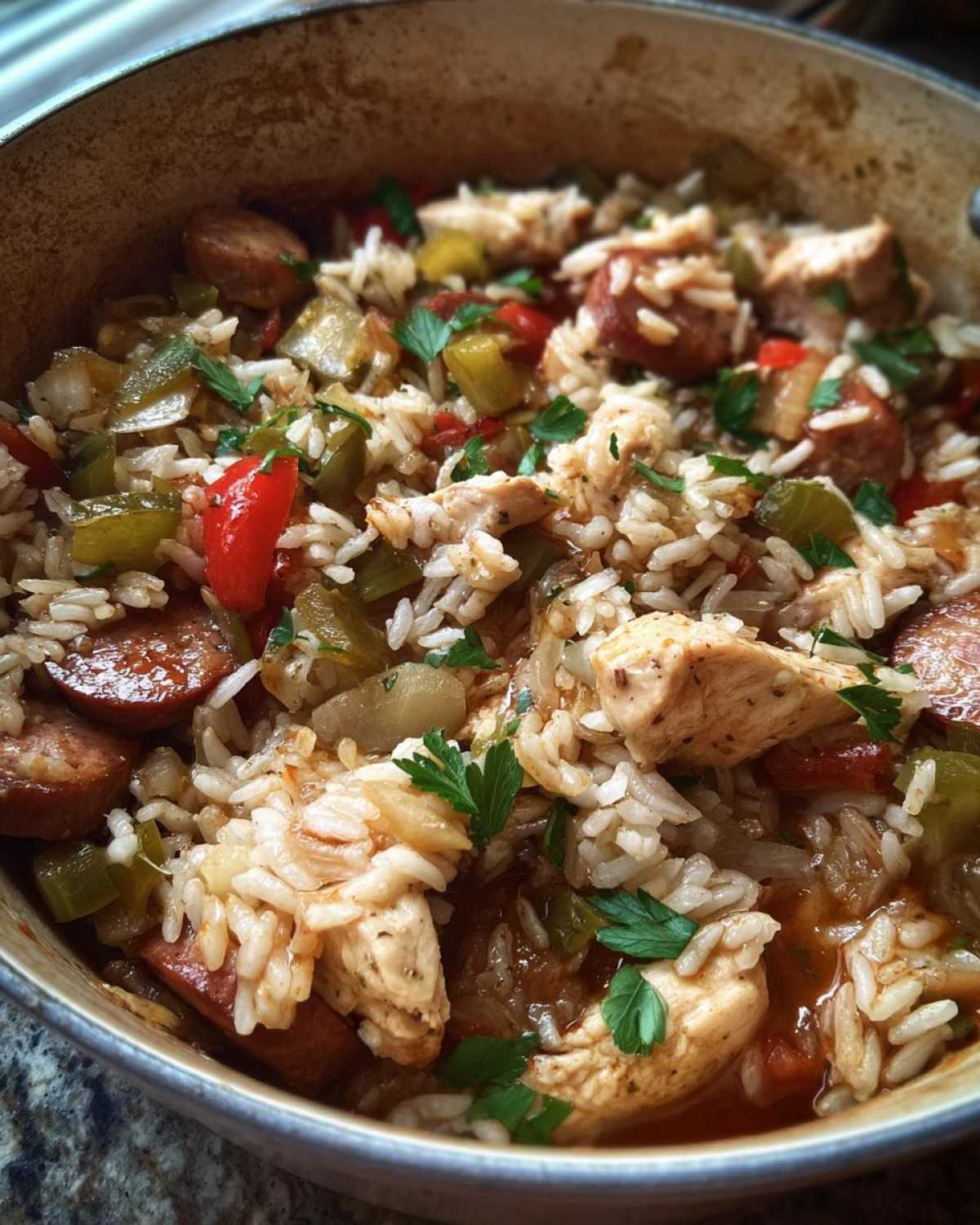 Close-up view of savory One-Pot Chicken Jambalaya featuring rice, chicken chunks, sliced sausage, and vegetables.