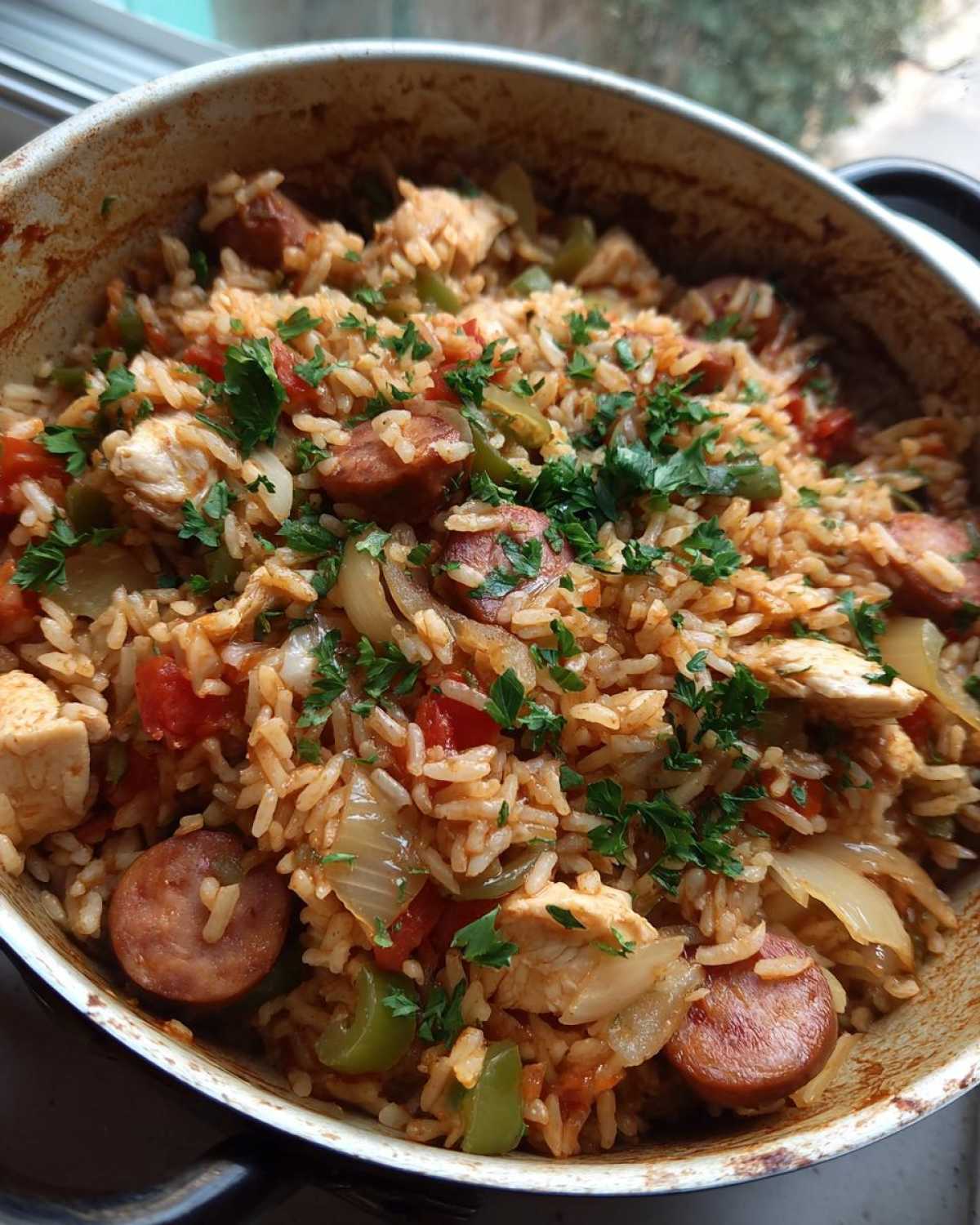 A close-up view of hearty One-Pot Chicken Jambalaya featuring rice, sausage, chicken, peppers, and onions, garnished with parsley.