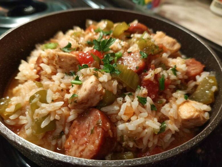 A close-up view of steaming One-Pot Chicken Jambalaya featuring rice, chicken chunks, sausage slices, and green peppers.