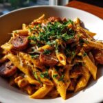 A close-up, appetizing bowl of One-Pot Creamy Cajun Sausage Pasta topped with fresh parsley.