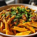 A bowl filled with One-Pot Creamy Cajun Sausage Pasta, featuring penne pasta, sausage pieces, and topped with fresh parsley.