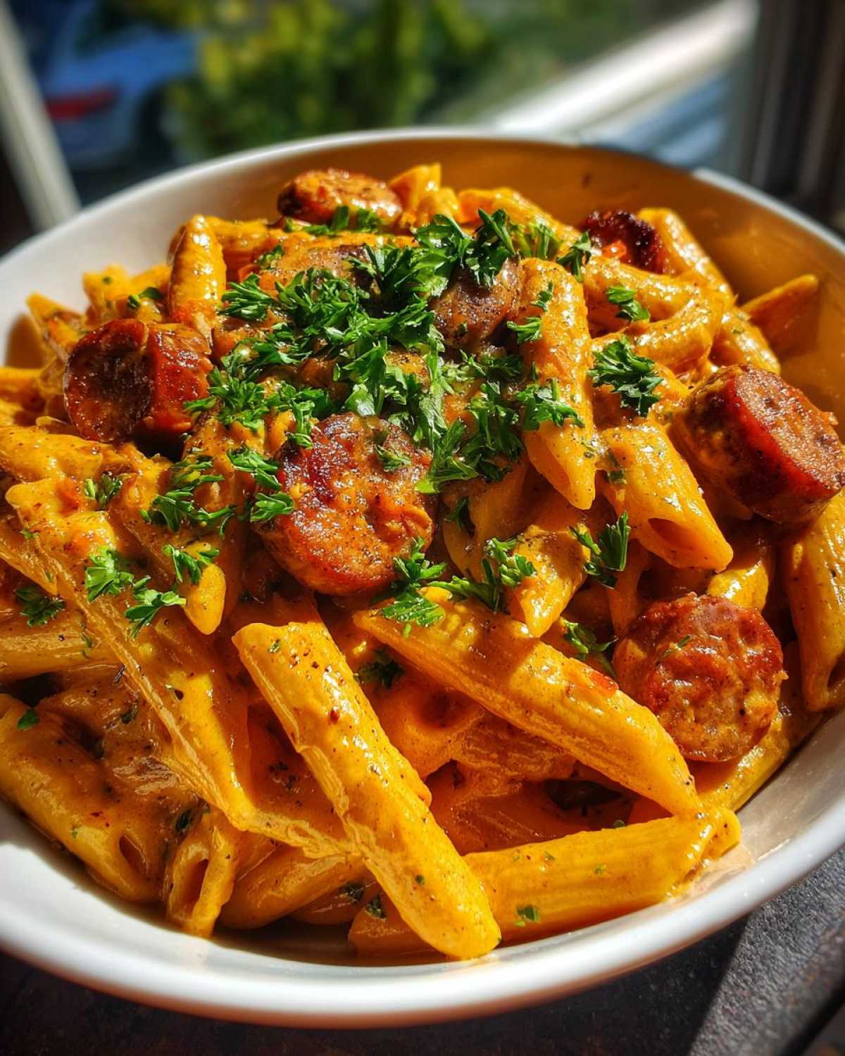 A close-up of a white bowl filled with One-Pot Creamy Cajun Sausage Pasta, topped with fresh parsley.