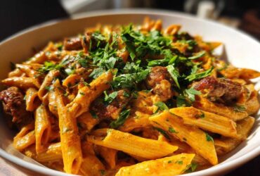 A bowl filled with One-Pot Creamy Cajun Sausage Pasta, featuring penne pasta, sausage pieces, and topped with fresh parsley.