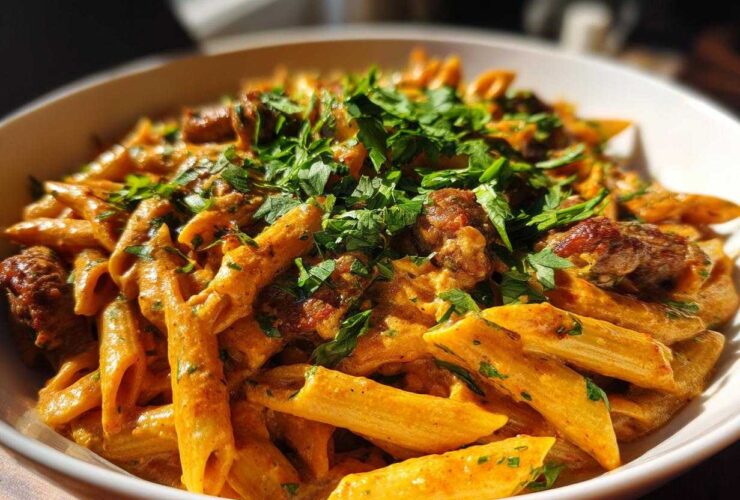 A bowl filled with One-Pot Creamy Cajun Sausage Pasta, featuring penne pasta, sausage pieces, and topped with fresh parsley.