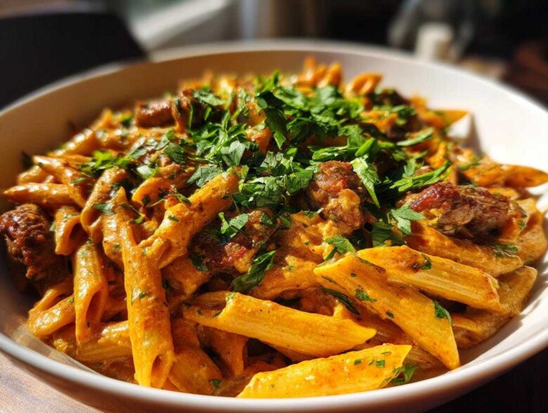 A bowl filled with One-Pot Creamy Cajun Sausage Pasta, featuring penne pasta, sausage pieces, and topped with fresh parsley.