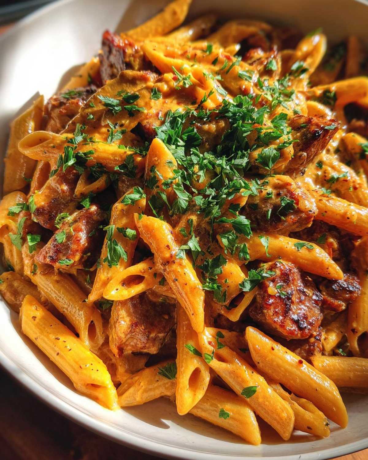 A close-up, vibrant shot of One-Pot Creamy Cajun Sausage Pasta featuring penne coated in a rich orange sauce and topped with fresh parsley.