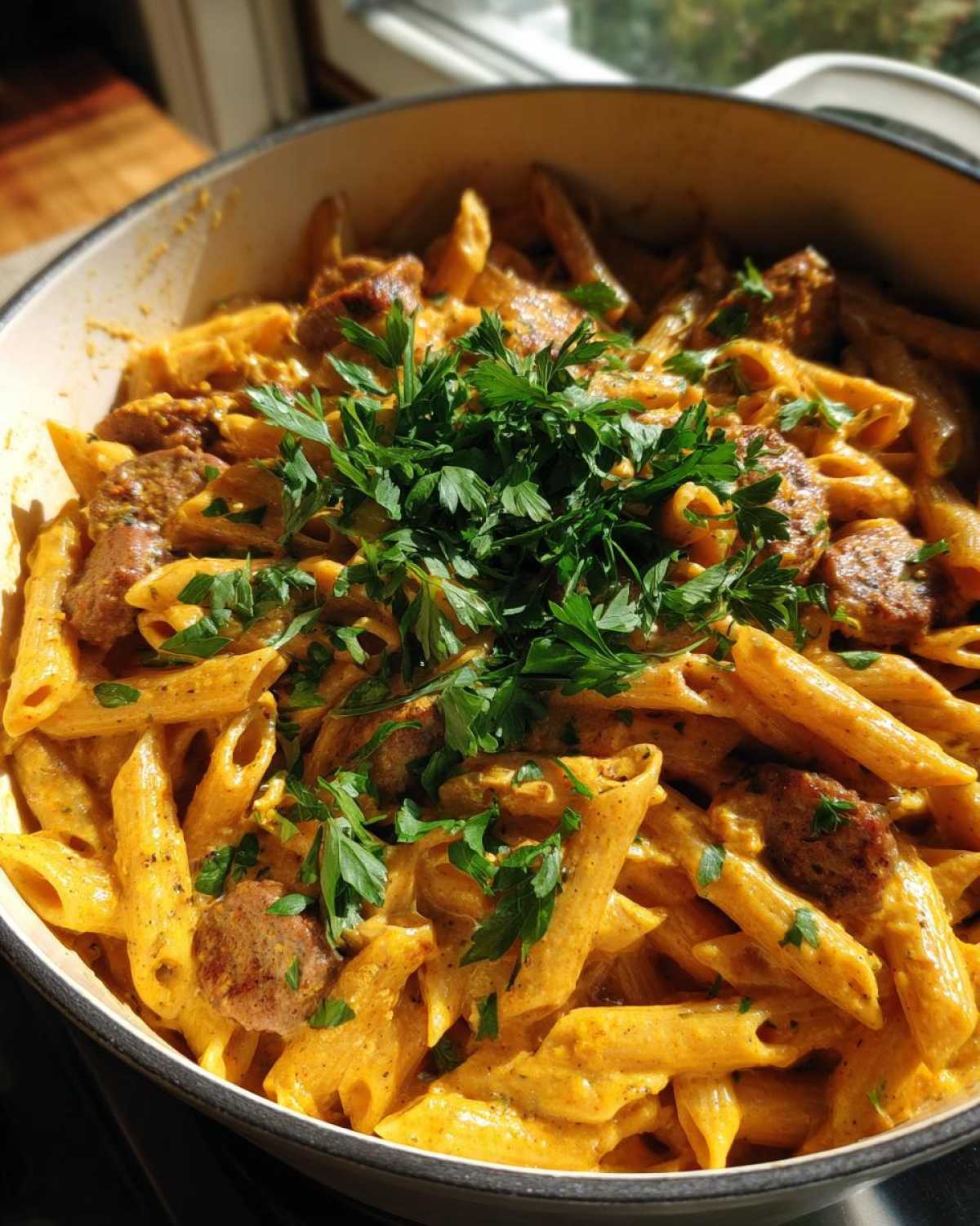 Close-up of One-Pot Creamy Cajun Sausage Pasta with penne, sausage pieces, and fresh parsley garnish.
