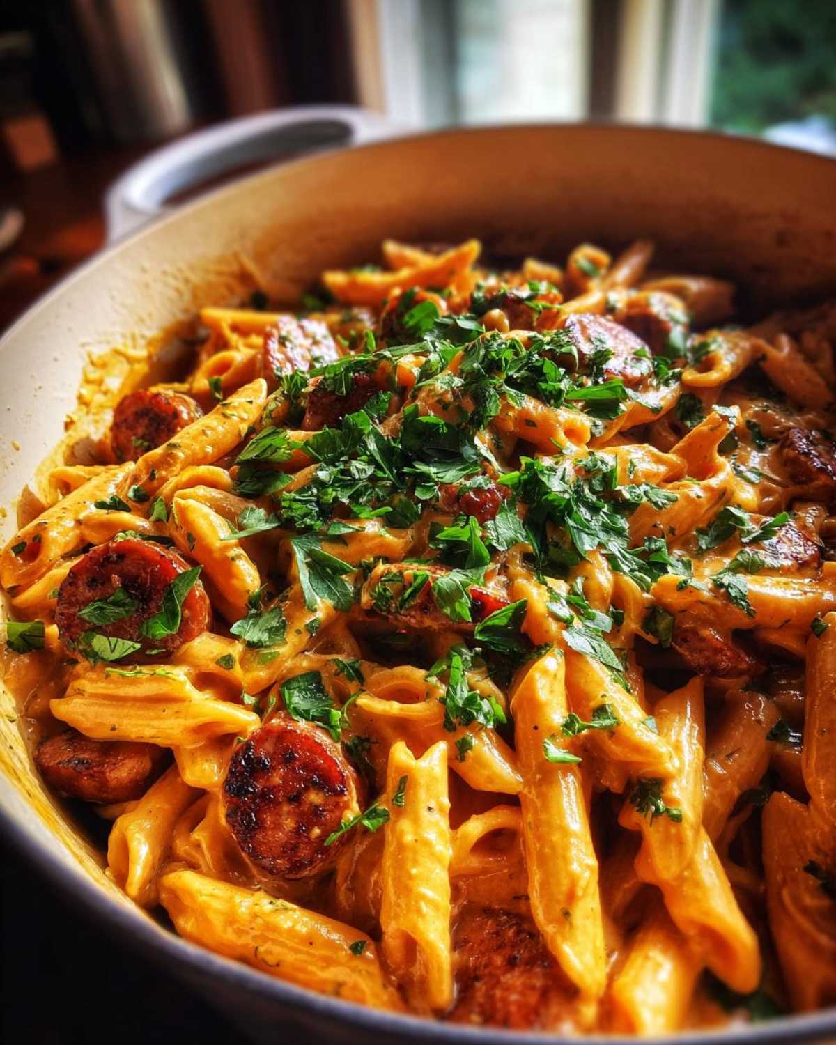 Close-up of One-Pot Creamy Cajun Sausage Pasta generously topped with fresh parsley in a cooking pot.