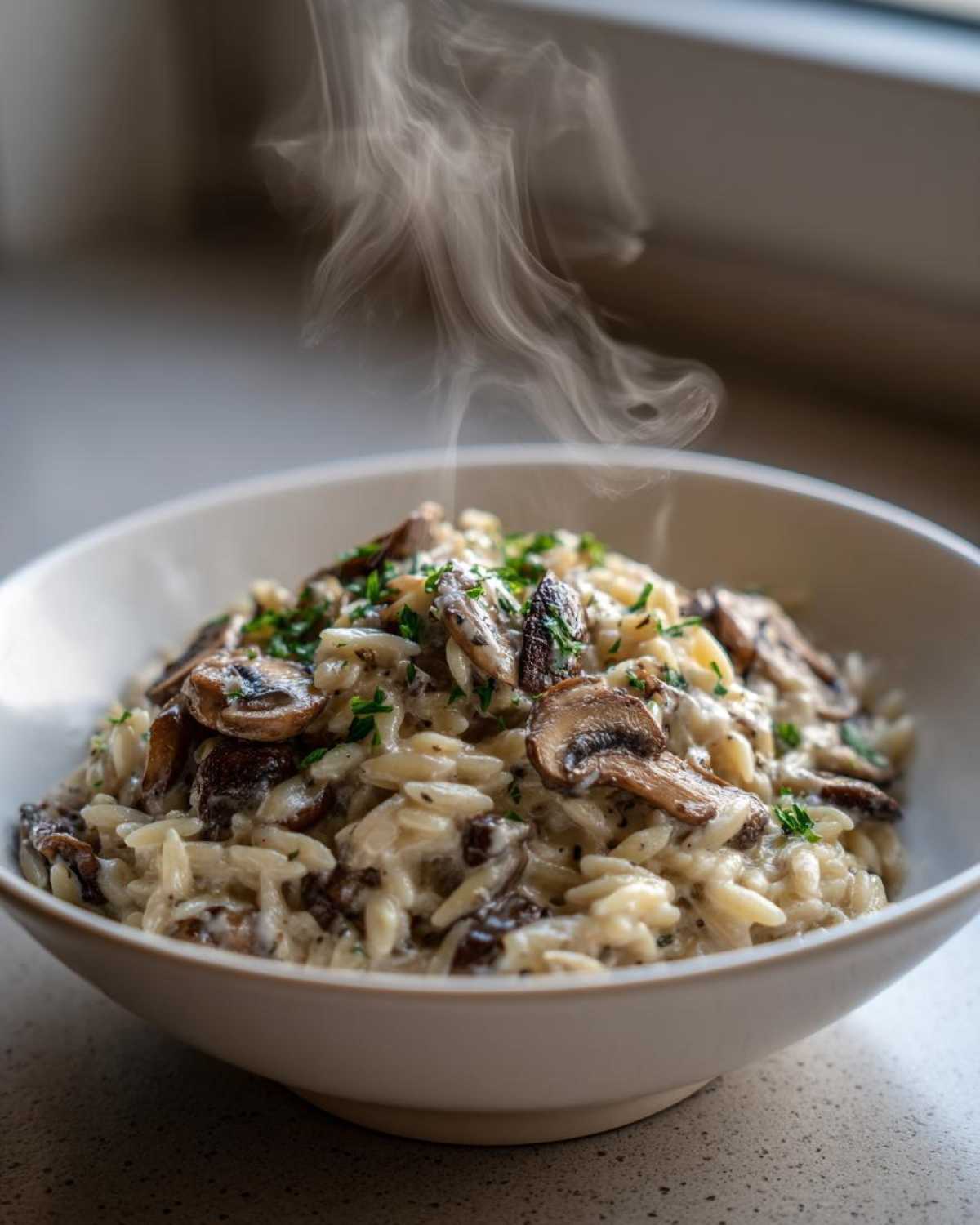 Close-up of hot, steaming One-Pot Creamy Mushroom Orzo topped with sliced mushrooms and parsley.