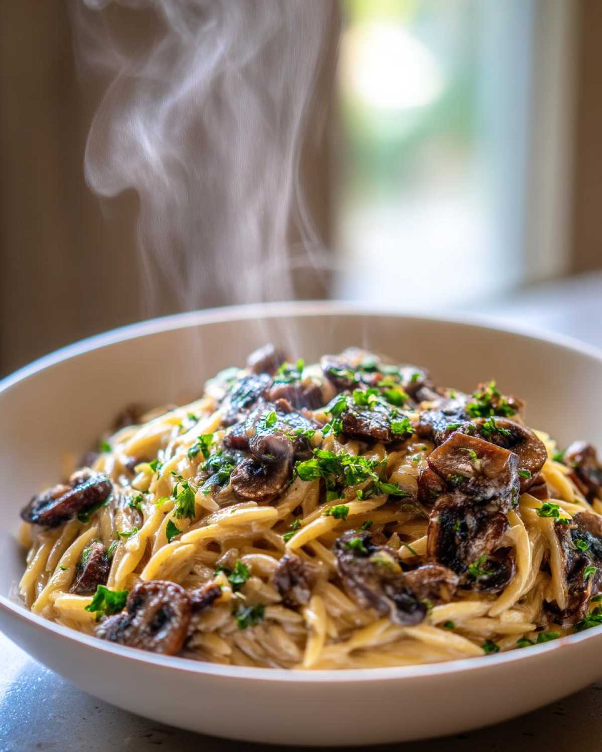 A close-up of steaming One-Pot Creamy Mushroom Orzo topped with sautéed mushrooms and fresh parsley.