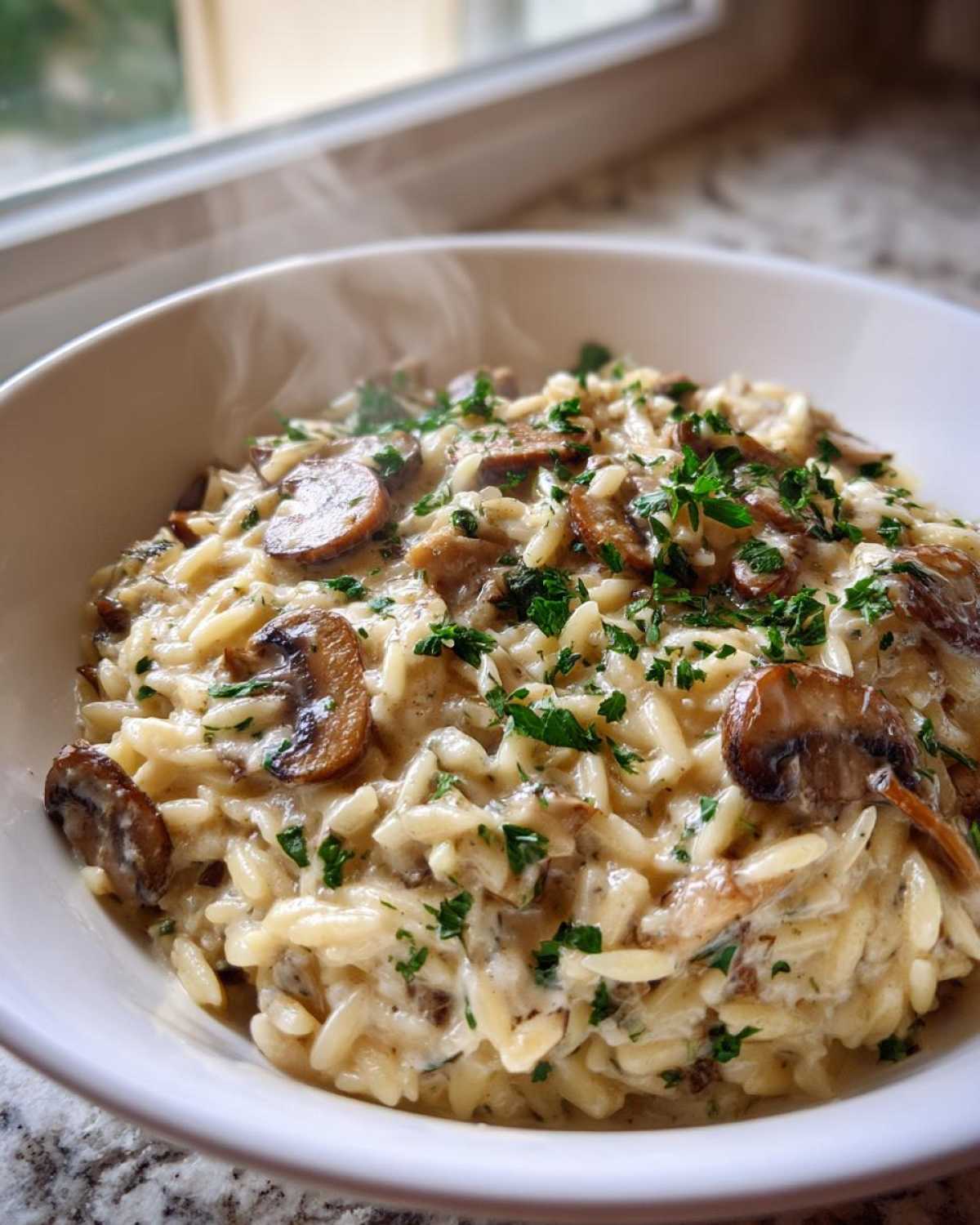Close-up of a steaming white bowl filled with creamy mushroom orzo pasta, topped with sautéed mushrooms and fresh parsley.