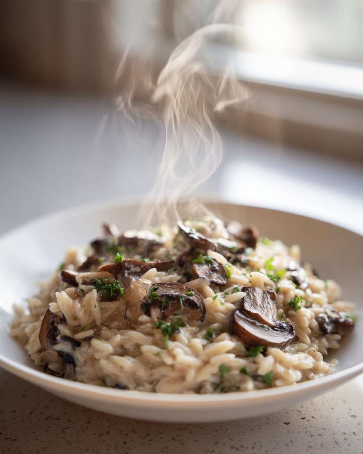 Close-up of steaming One-Pot Creamy Mushroom Orzo topped with sautéed mushrooms and parsley.