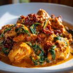 Close-up of tender chicken pieces coated in a rich, creamy sauce with spinach and sun-dried tomatoes: One-Pot Creamy Sun-Dried Tomato Chicken.