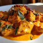 Close-up of One-Pot Creamy Sun-Dried Tomato Chicken pieces coated in a rich orange sauce with spinach and dried chilies.