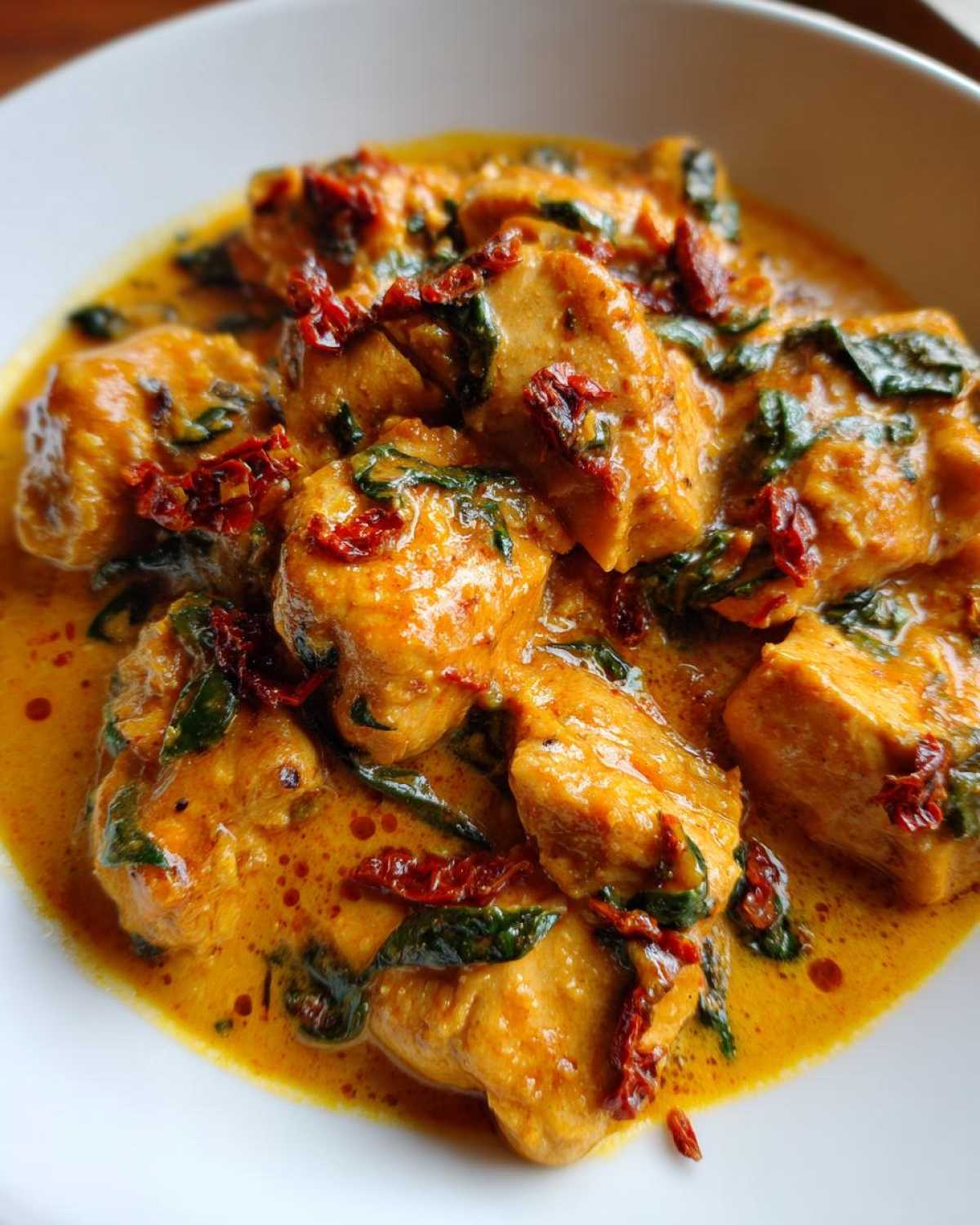 Close-up of tender chicken pieces coated in a rich, orange-hued sauce with sun-dried tomatoes and spinach, part of the One-Pot Creamy Sun-Dried Tomato Chicken.