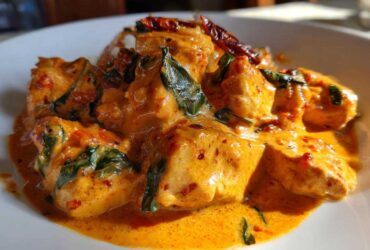 Close-up of One-Pot Creamy Sun-Dried Tomato Chicken pieces coated in a rich orange sauce with spinach and dried chilies.