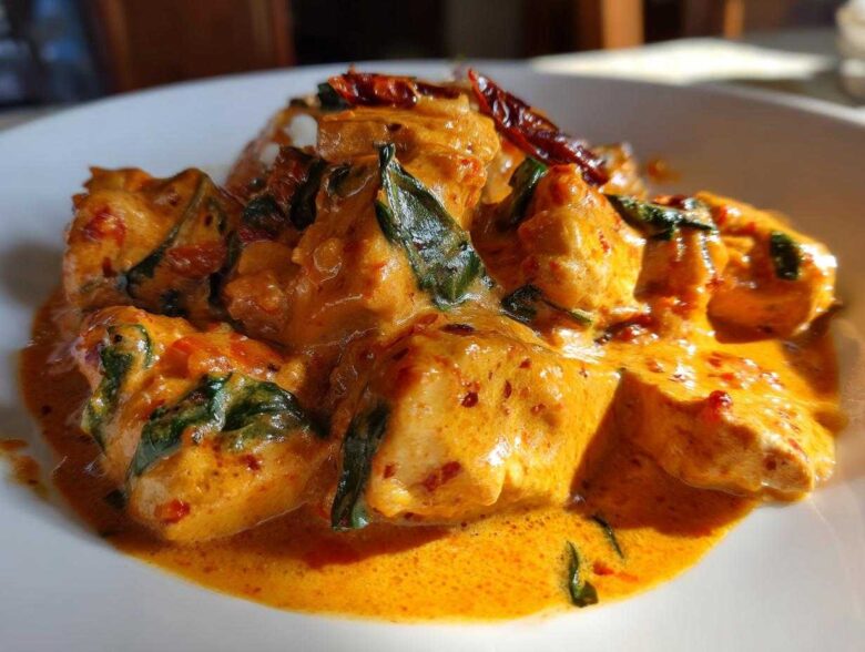 Close-up of One-Pot Creamy Sun-Dried Tomato Chicken pieces coated in a rich orange sauce with spinach and dried chilies.
