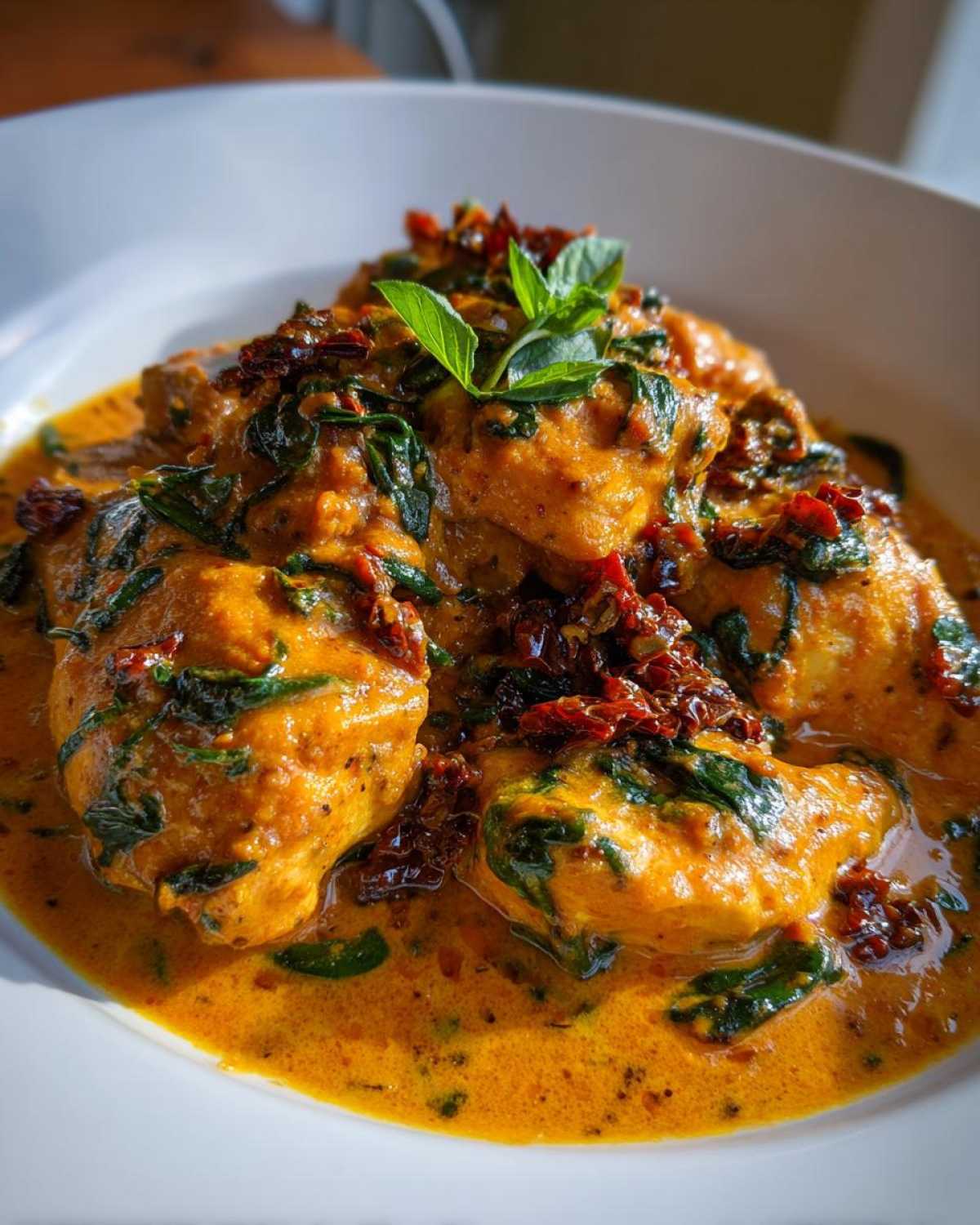 Close-up of tender chicken pieces smothered in a rich, orange sauce with spinach and sun-dried tomatoes, part of the One-Pot Creamy Sun-Dried Tomato Chicken.