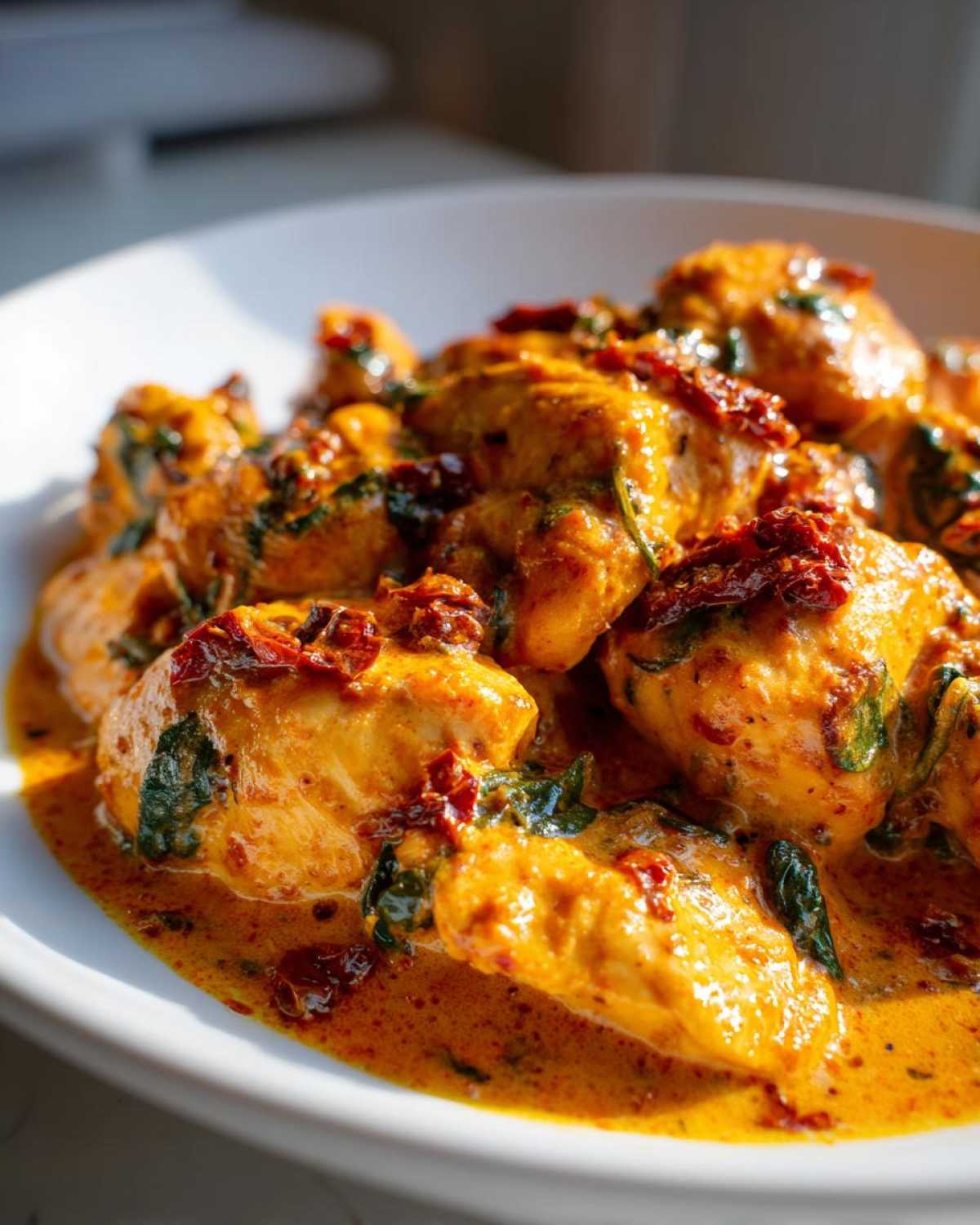 Close-up of tender chicken pieces coated in a rich, creamy sun-dried tomato sauce with visible spinach.