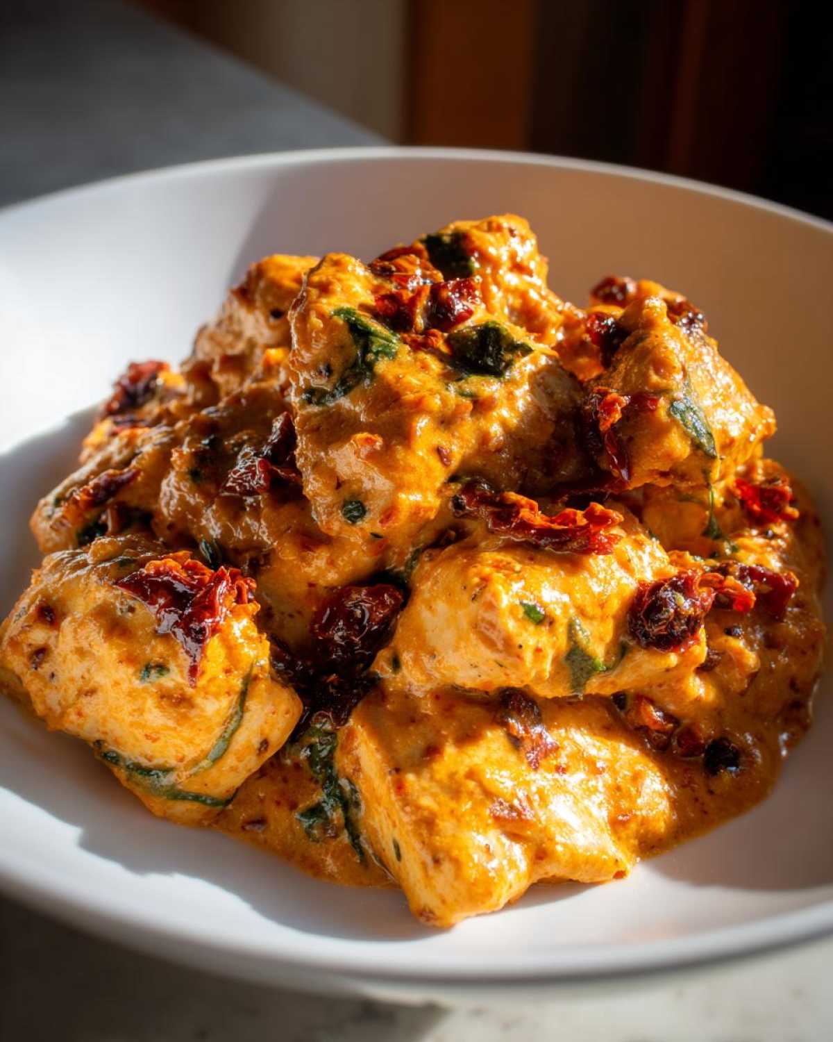 Close-up of tender chicken pieces coated in a rich, orange-hued sauce with sun-dried tomatoes and spinach, representing the One-Pot Creamy Sun-Dried Tomato Chicken.