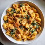 A white bowl filled with One-Pot Creamy Tuscan Chicken Pasta, featuring pasta shells, chunks of chicken, and wilted spinach in a rich sauce.
