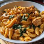 Close-up of One-Pot Creamy Tuscan Chicken Pasta featuring penne pasta, seasoned chicken chunks, and wilted spinach in a rich sauce.