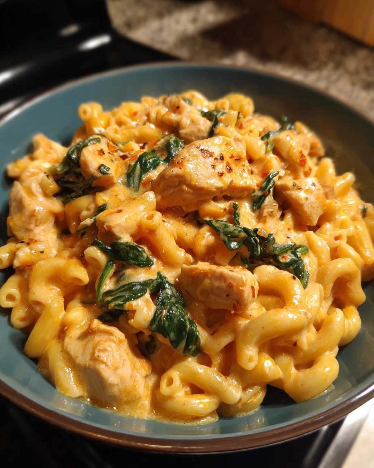 A close-up of One-Pot Creamy Tuscan Chicken Pasta featuring elbow macaroni, chicken pieces, and wilted spinach in a rich sauce.