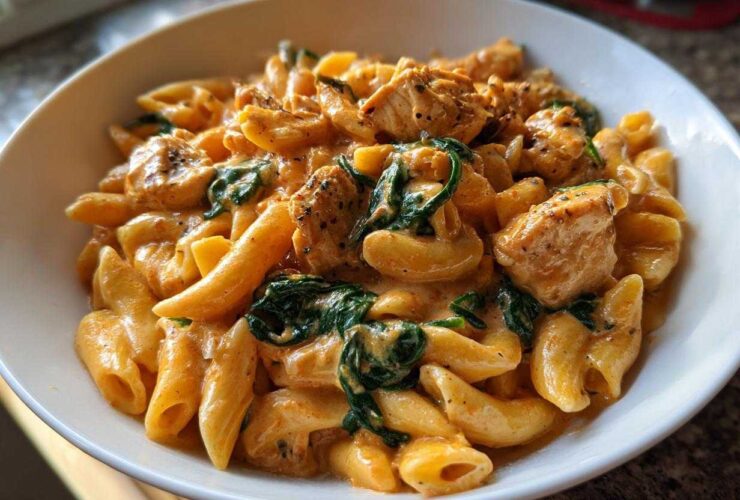 Close-up of One-Pot Creamy Tuscan Chicken Pasta featuring penne pasta, seasoned chicken chunks, and wilted spinach in a rich sauce.