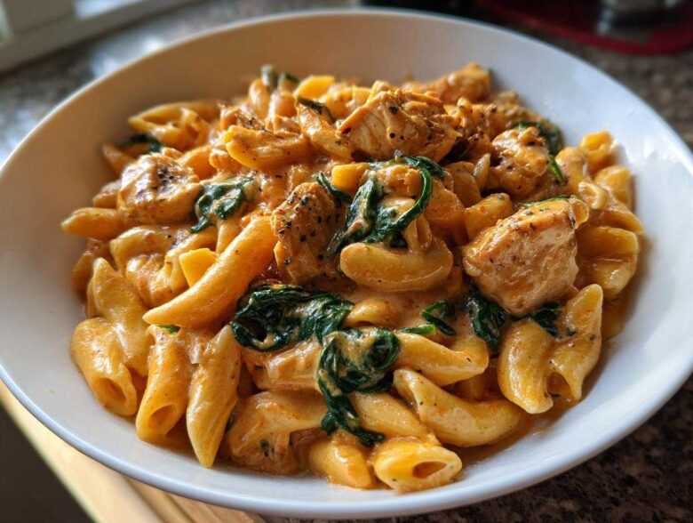 Close-up of One-Pot Creamy Tuscan Chicken Pasta featuring penne pasta, seasoned chicken chunks, and wilted spinach in a rich sauce.