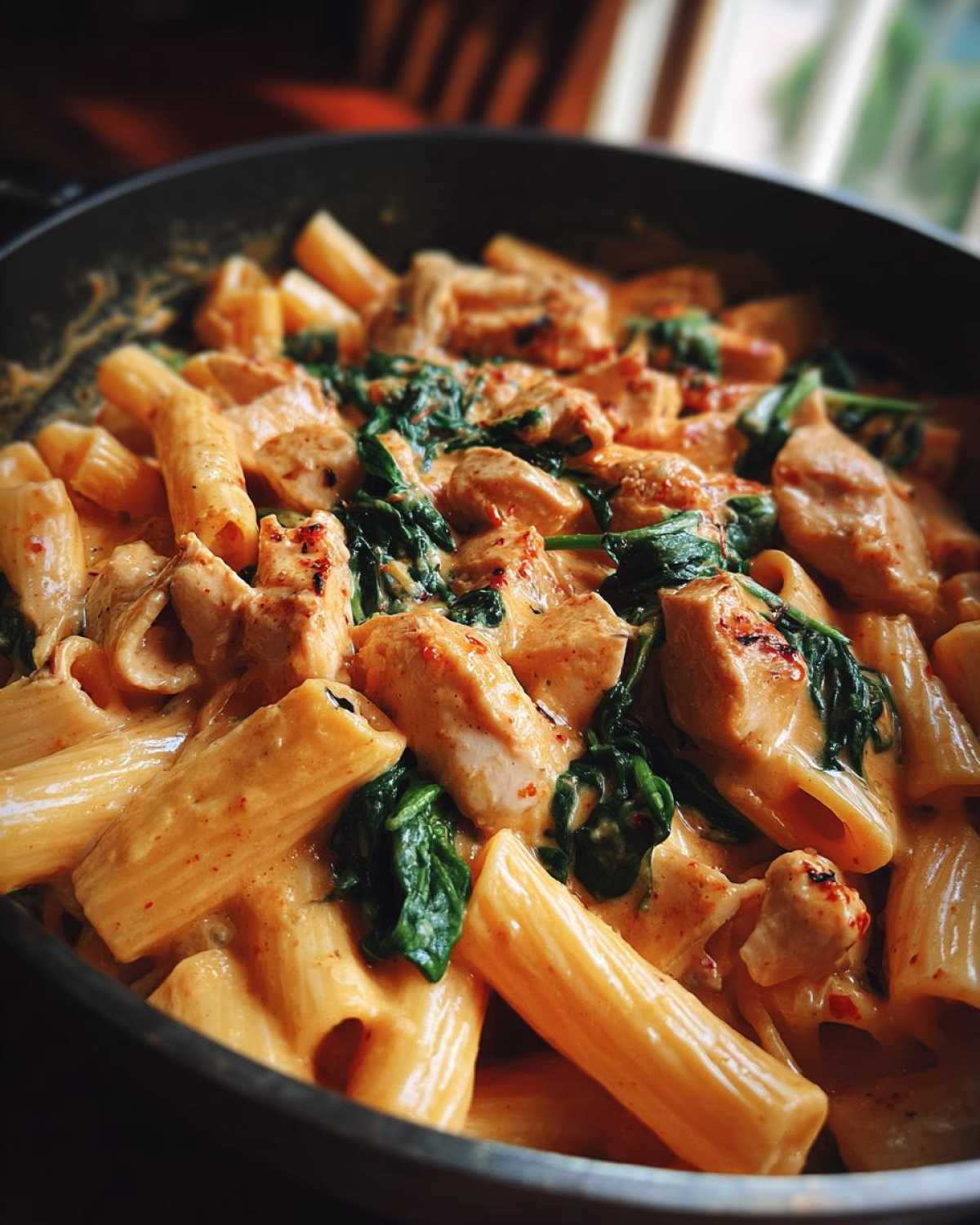 Close-up of penne pasta, chicken chunks, and spinach coated in a creamy sauce for One-Pot Creamy Tuscan Chicken Pasta.