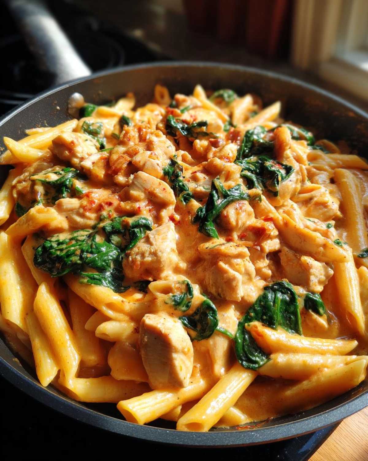 Close-up of One-Pot Creamy Tuscan Chicken Pasta with penne, chicken chunks, and wilted spinach in a dark skillet.