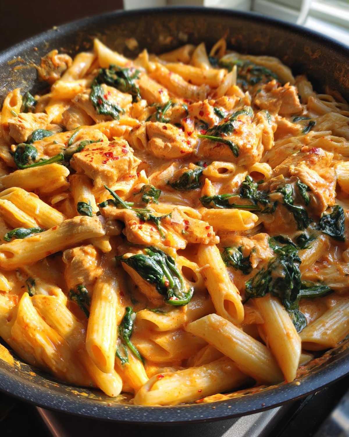 Close-up of One-Pot Creamy Tuscan Chicken Pasta with penne, chicken pieces, and wilted spinach in a dark skillet.