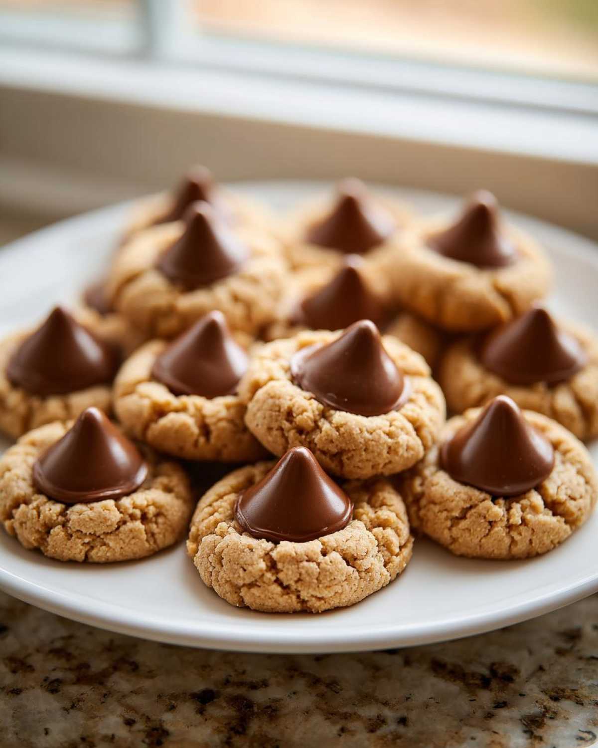 A white plate piled high with soft Peanut Butter Blossom Cookies topped with chocolate kisses, set on a granite counter.