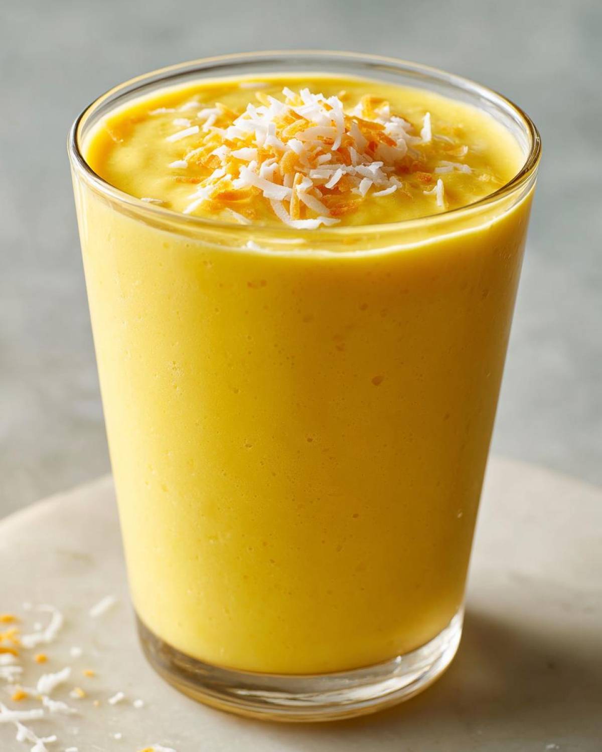 A tall glass filled with a thick, vibrant yellow Pineapple Coconut Smoothie, garnished with shredded coconut.