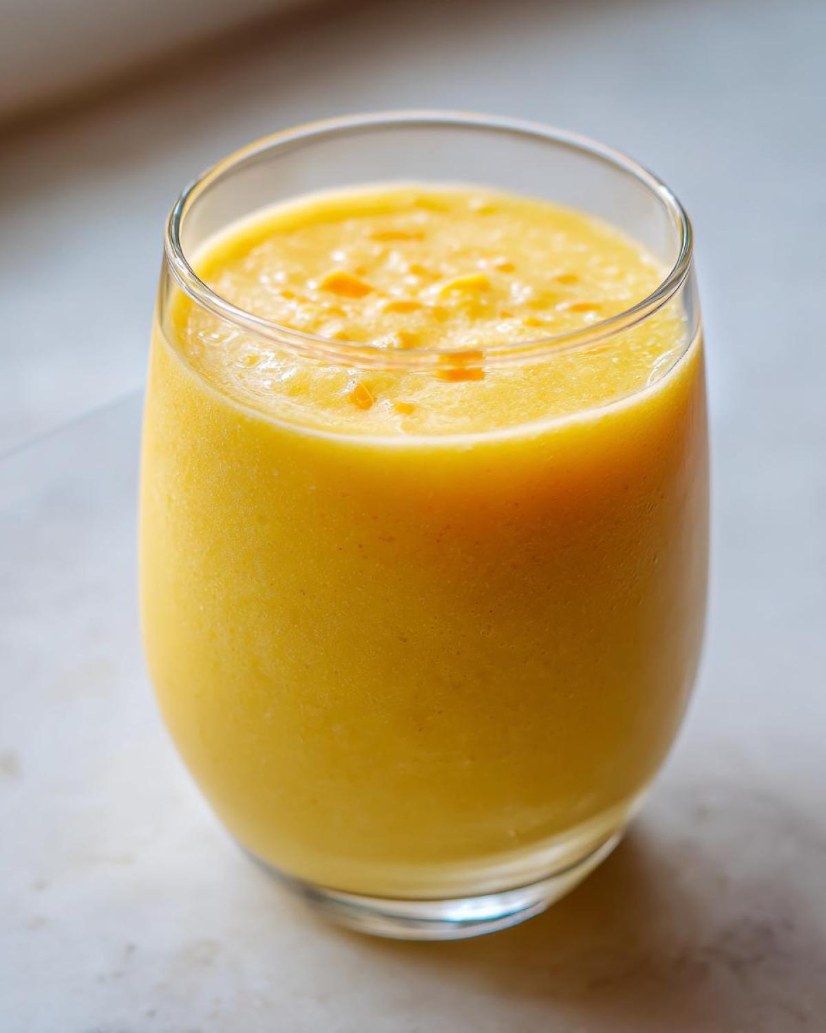 Close-up of a vibrant yellow Pineapple Coconut Smoothie served in a clear glass.
