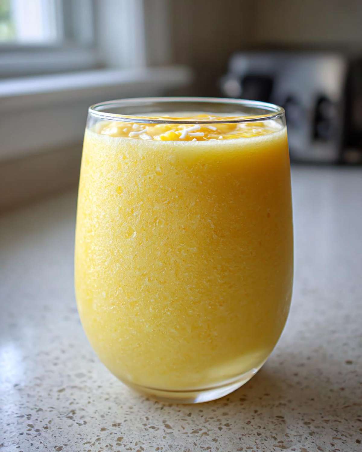 A tall glass filled with a thick, bright yellow Pineapple Coconut Smoothie, topped with shredded coconut.