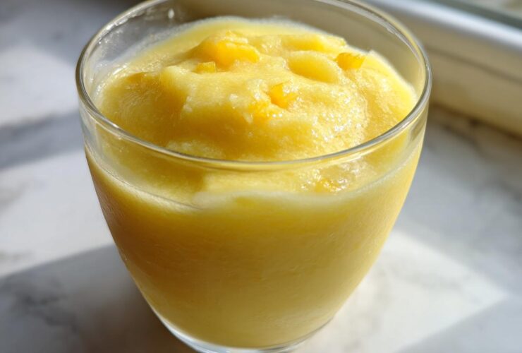 A close-up of a thick, bright yellow Pineapple Coconut Smoothie served in a clear glass, topped with small fruit pieces.