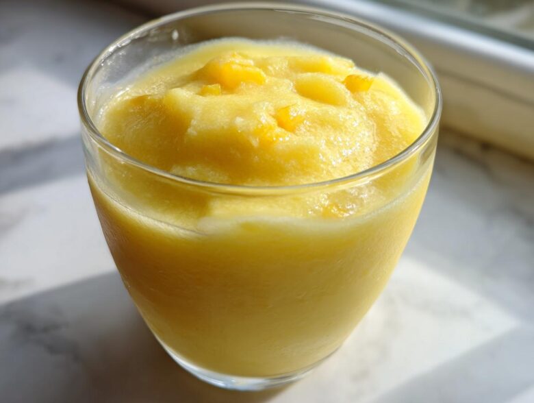 A close-up of a thick, bright yellow Pineapple Coconut Smoothie served in a clear glass, topped with small fruit pieces.