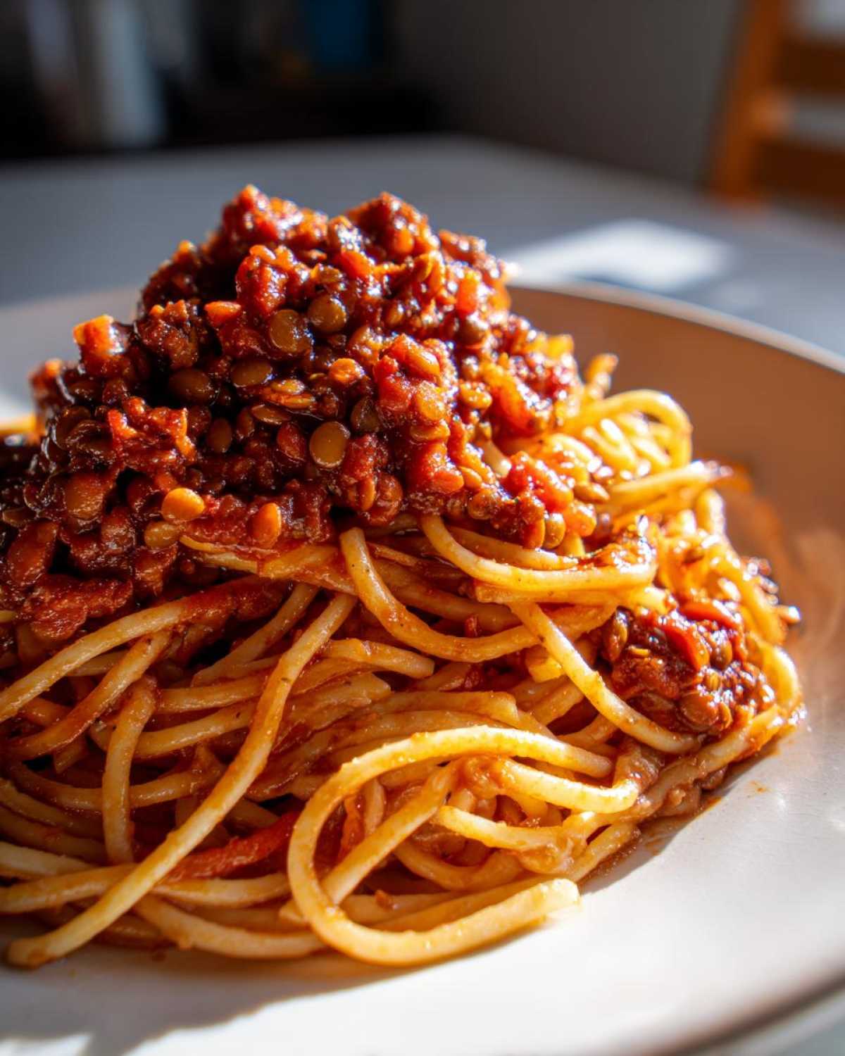 Close-up of spaghetti topped generously with rich Vegan Lentil Bolognese sauce, catching bright sunlight.