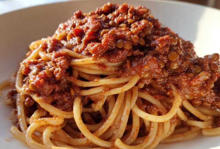 Close-up of a plate of spaghetti topped generously with rich Vegan Lentil Bolognese sauce.