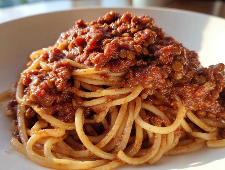Close-up of a plate of spaghetti topped generously with rich Vegan Lentil Bolognese sauce.