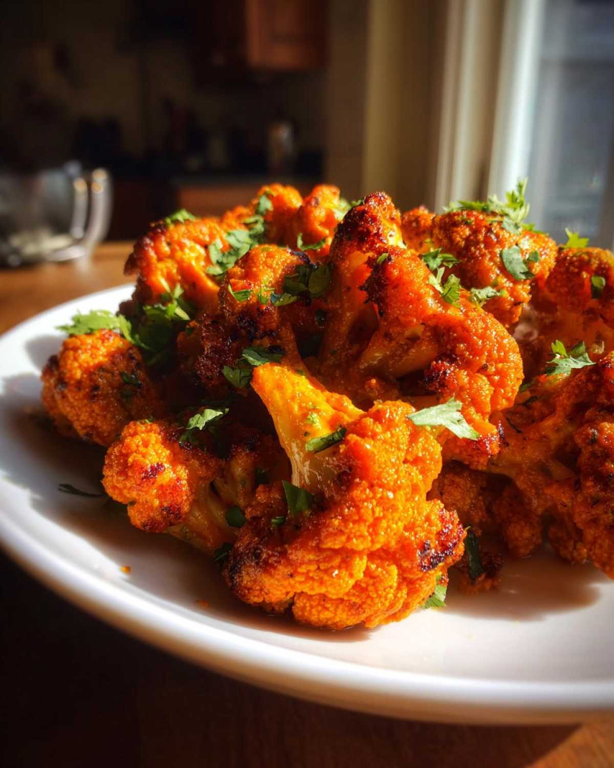 Close-up of roasted, spiced cauliflower florets garnished with cilantro, ready for Vegan Cauliflower Tikka Masala.