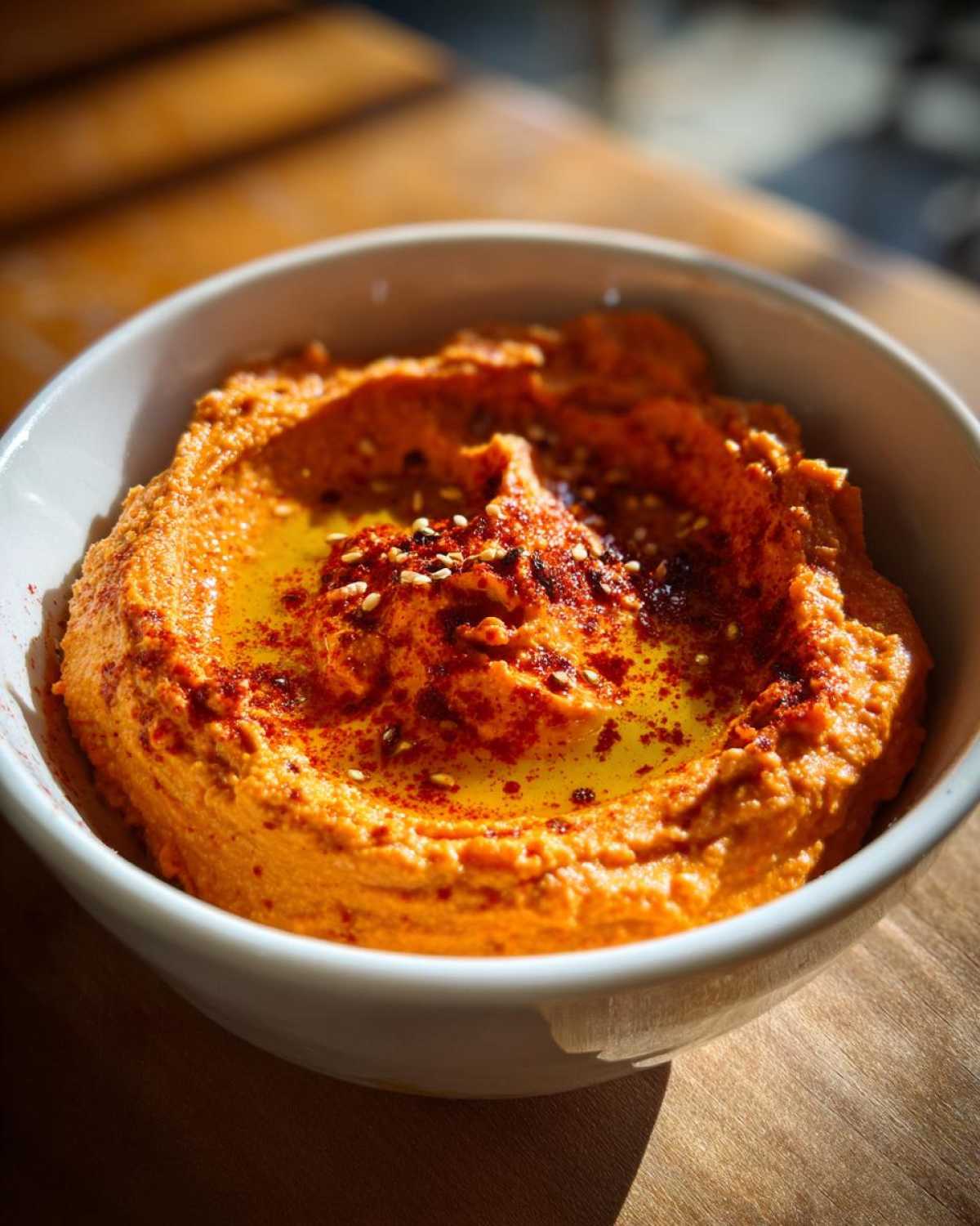 Close-up of a white bowl filled with creamy Roasted Red Pepper Hummus, drizzled with olive oil and sprinkled with paprika and sesame seeds.